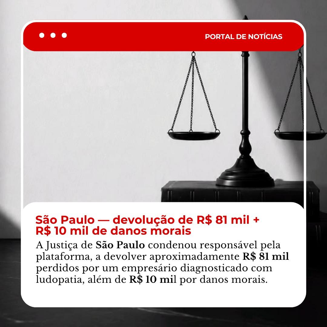 Notícia: plataforma condenada a devolver aproximadamente R$ 81 mil a empresário diagnosticado com ludopatia